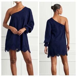 New Hill House The Mila Dress Navy Linen Eyelet One Shoulder Mini Length Size XS